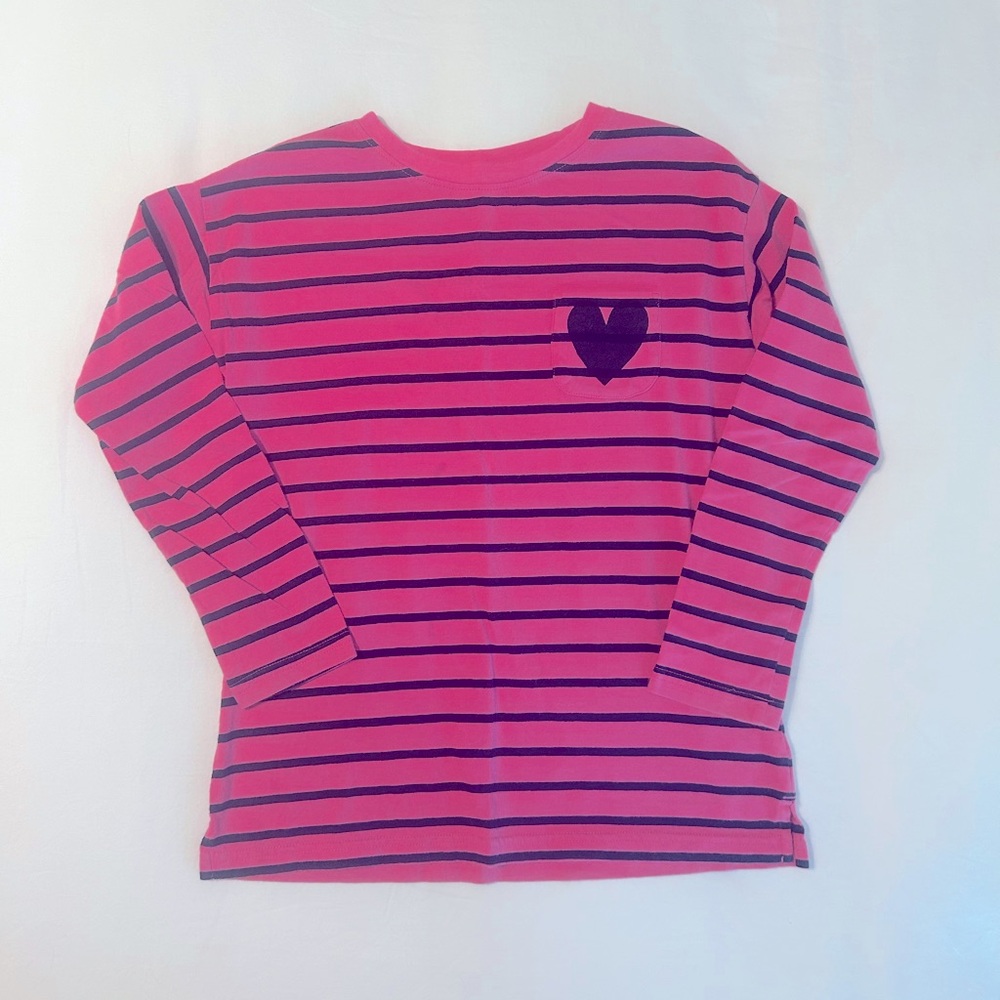 Primary kids long sleeve tee pink stripe with heart size 8-9 cotton valentine’s